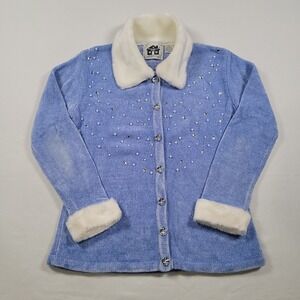Storybook Knits Women Winter‎ Cardigan XS Blue Faux Fur Collar Beaded Jeweled